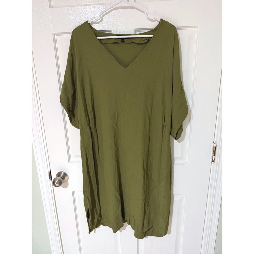 Madewell Womens 2X Olive Green V-Neck‎ Tunic Dress Oversized Viscose Blend Slits
